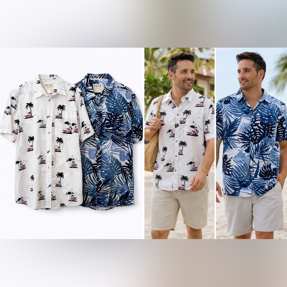 2 Men’s 100% Cotton Button Up Shirt XXL Bundle Flamingos Palm Trees VSTR Resort